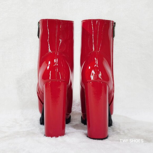 Wild Diva Vivian Red Patent Chunky Heel Platform Ankle Boots New - Picture 5 of 8